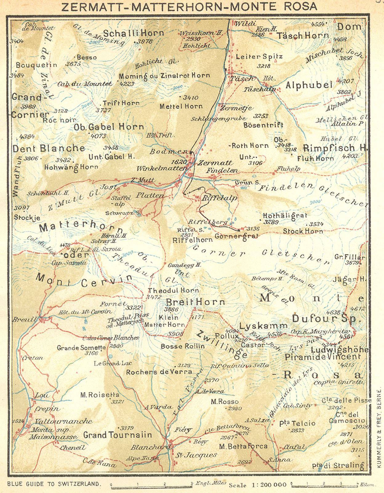 SWITZERLAND. Zermatt-Matterhorn-Monte Rosa 1930 old vintage map plan chart